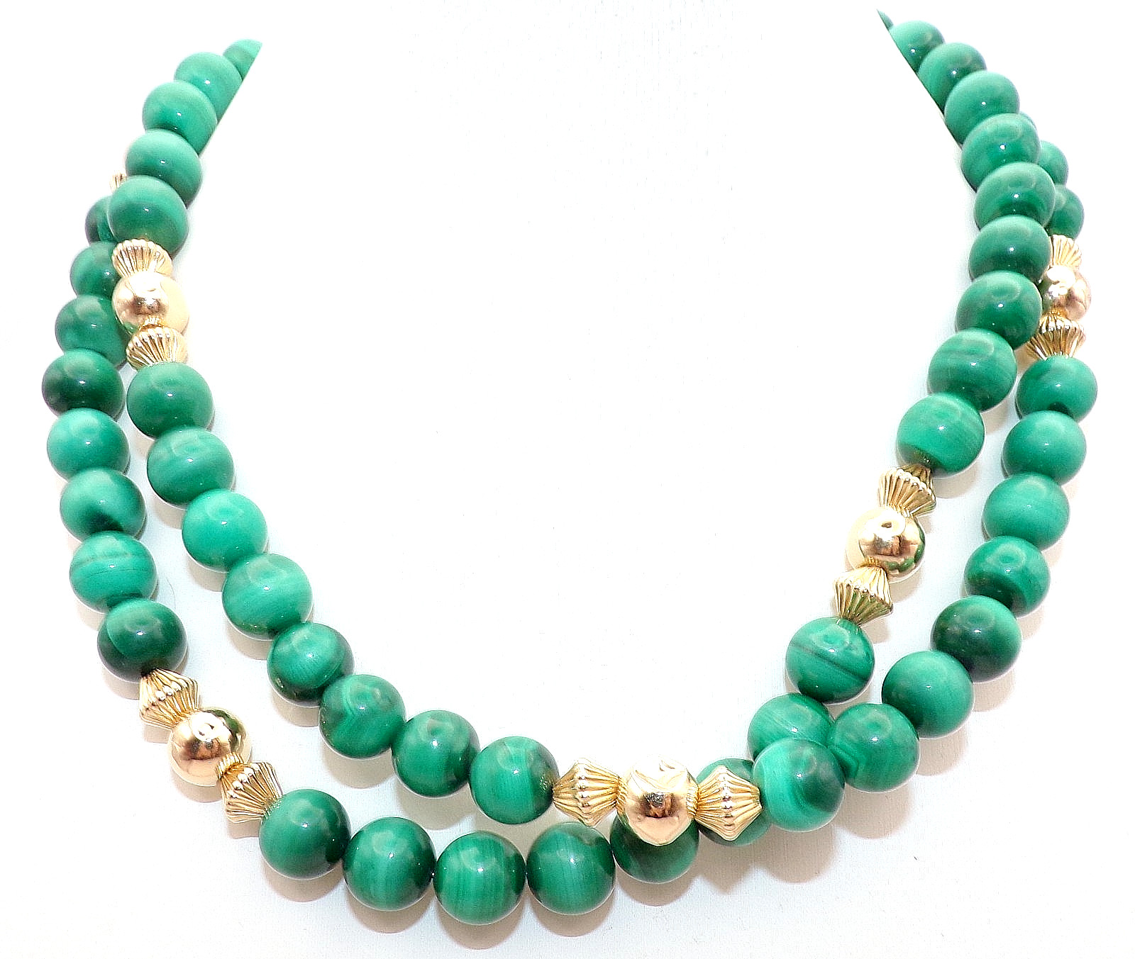 VTG 14K YELLOW GOLD & MALACHITE BALL BEAD 30″ LONG NECKLACE 8-9MM BEADS 95.3 Gr