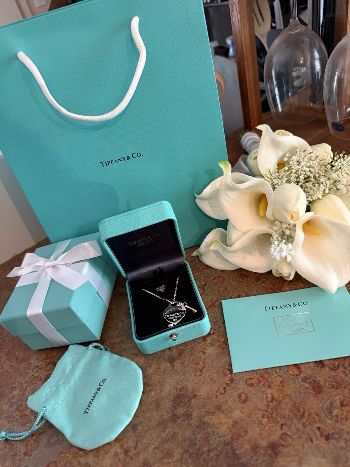 Tiffany & Co Heart Tag with Key Pendant Necklace ( on an 18” chain )