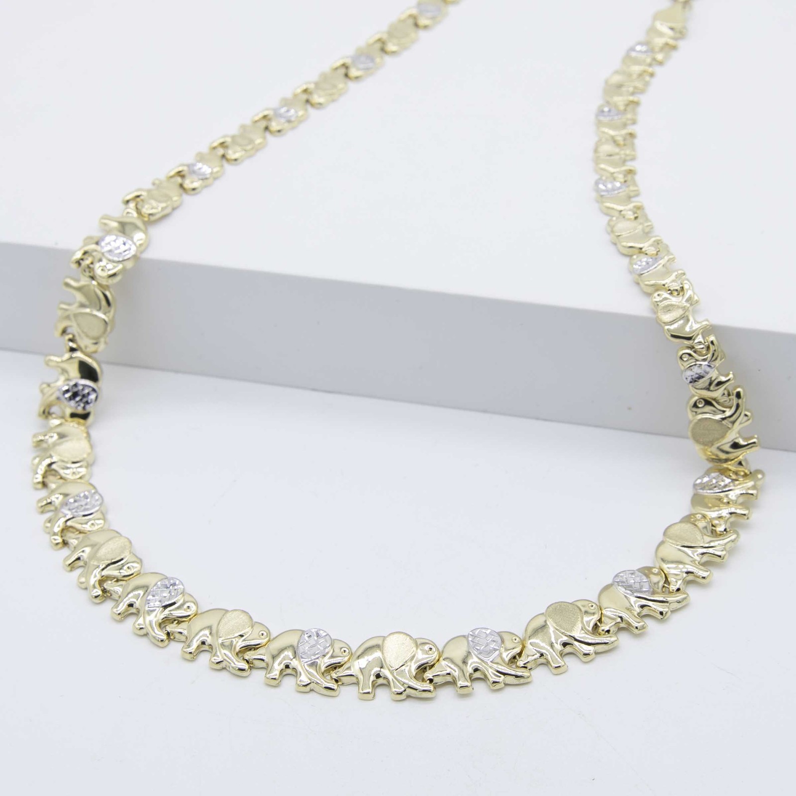 Graduated Diamond Cut Elephant Stampato Necklace 10K Yellow White Gold 18″