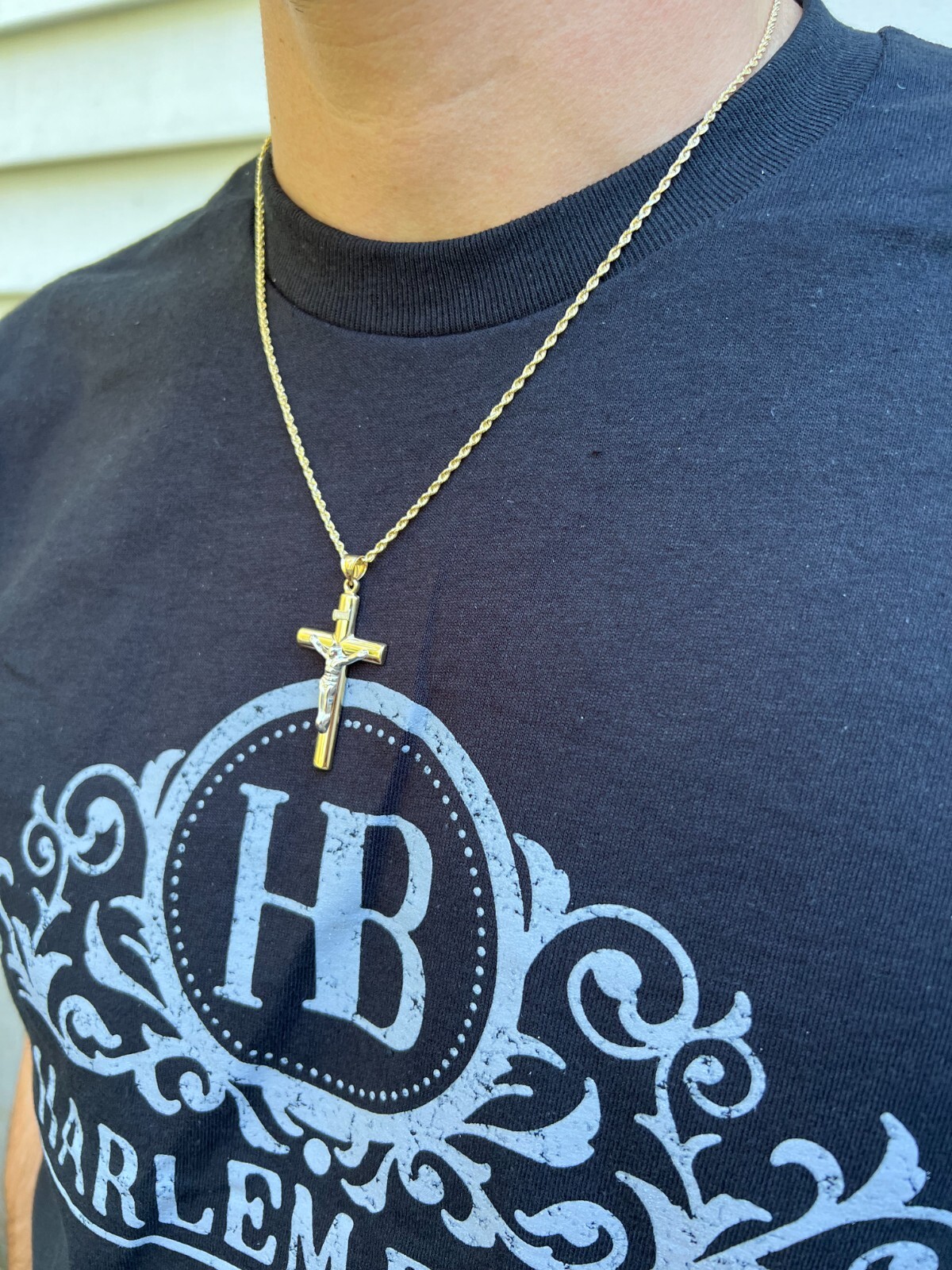 Large 1.85″ Real 14k Yellow & White Gold Cross Jesus Crucifix Pendant Necklace
