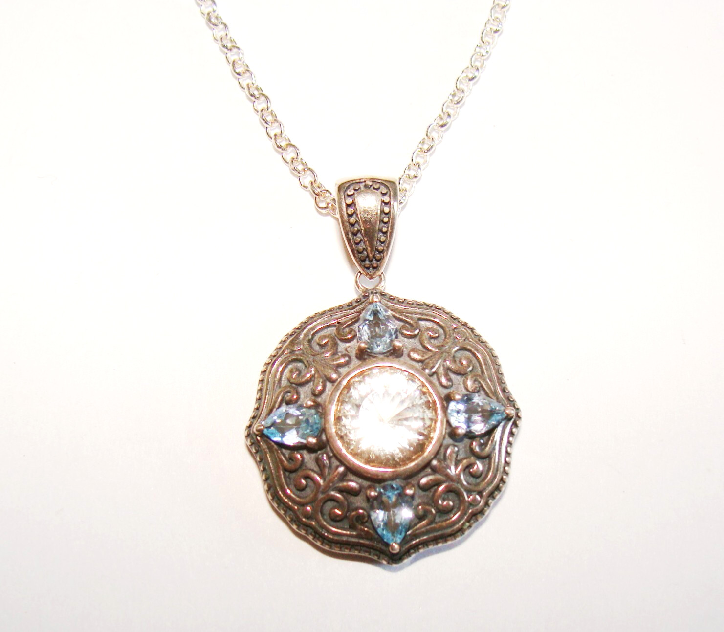 HT Sterling Silver Citrine Blue Topaz Round Shield Ethnic Pendant & 18″ Necklace