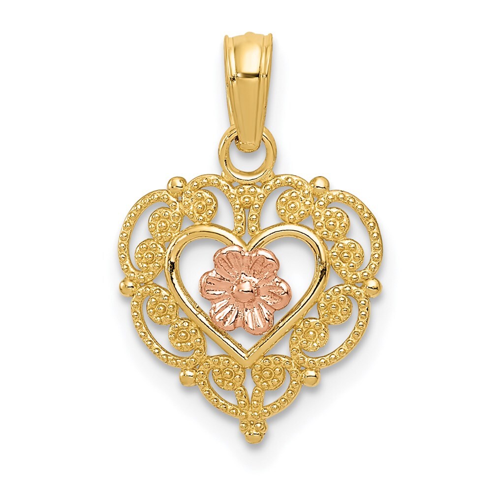 14K Two-tone Gold Flower in Fancy Border Heart Pendant 0.72gm L-0.75 in