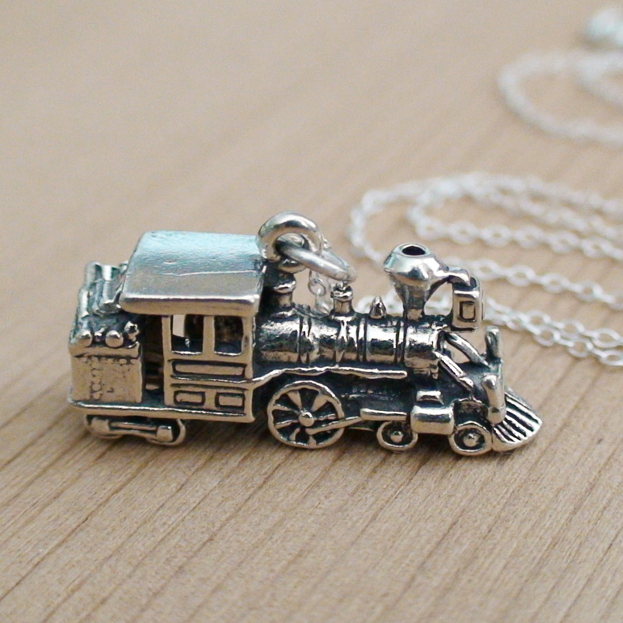 Train Locomotive Charm Necklace – 925 Sterling Silver Steam Engine Choo Choo