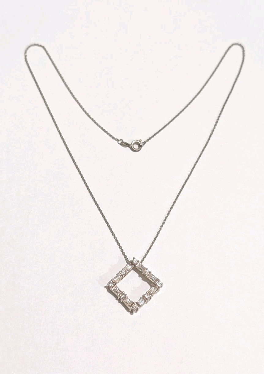 Designer Sterling Silver White Colorless Garnet Square 1″ Pendant 16.5″ Necklace