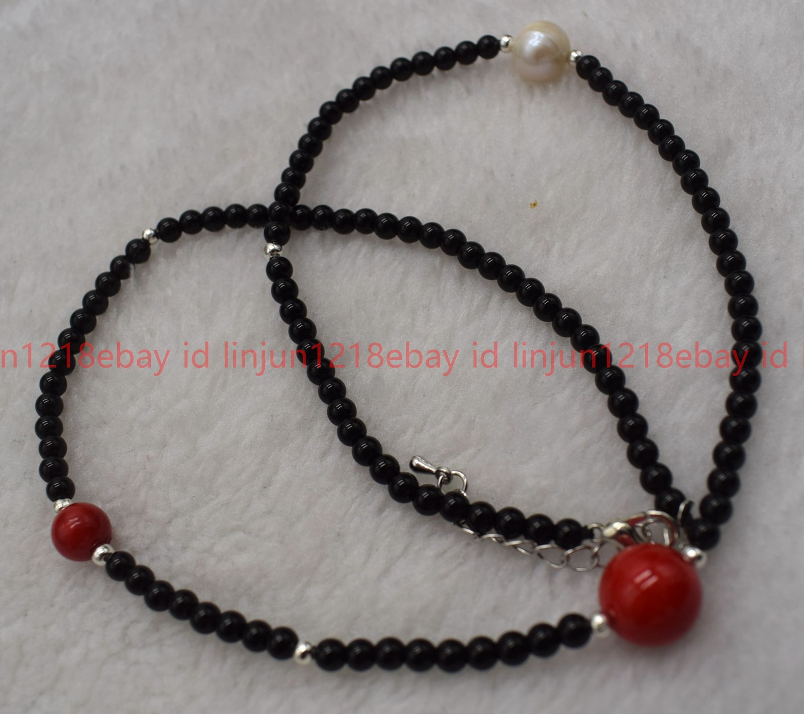 Natural 4mm Black Agate Round Gems Red Coral and White Pearl Necklace 16-28in