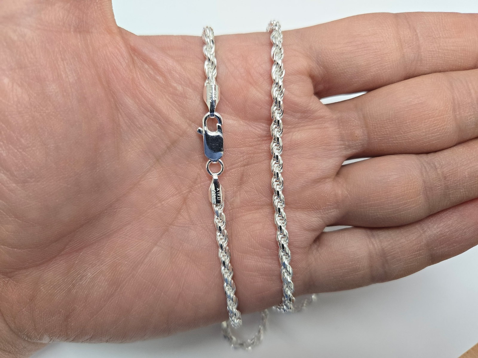 3mm Sterling Silver D/C Rope Chain Necklaces Bracelets Handmade Italy 7 to 30 in