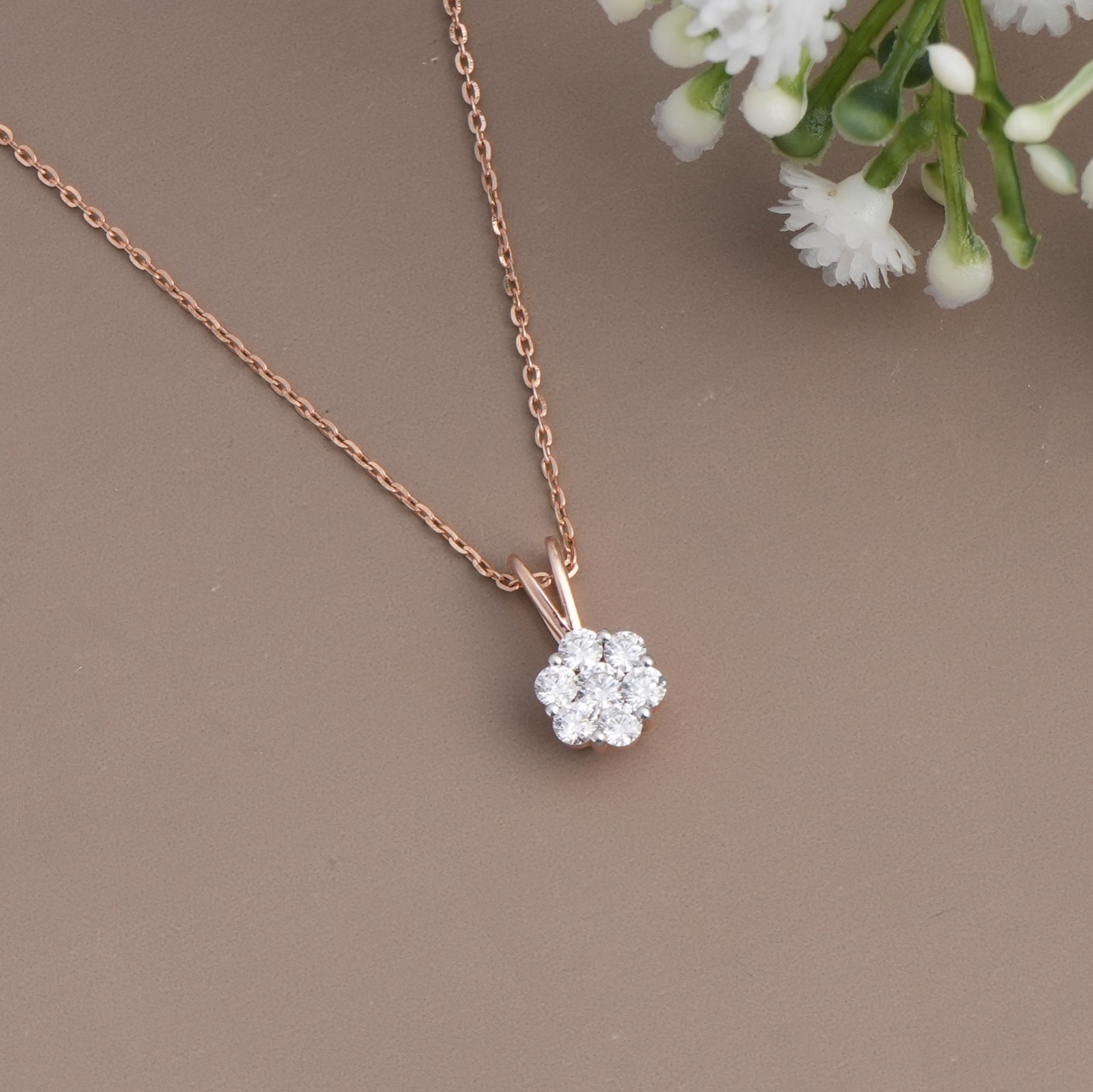 925 Sterling Silver Rose Gold Diamond Cluster Pendant Round Cut Flower Shape