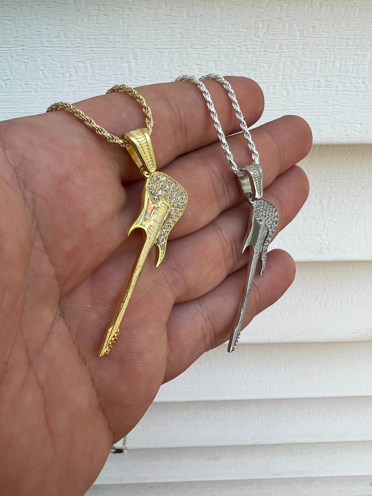 Real 925 Silver / 14k Gold Plated Electric Guitar Rockstar Pendant Necklace CZ