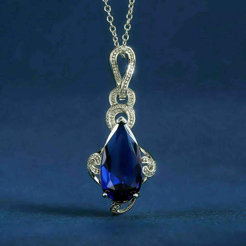 3Ct Pear Cut Blue Sapphire Diamond Teardrop Pendant 14K White Gold FN Free Chain