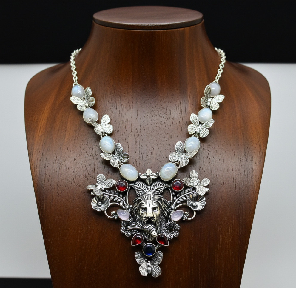 Moonstone. Garnet Necklace 925 Sterling Silver Women Jewelry S-18″