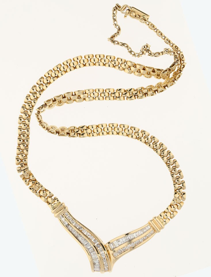 Natural Diamond V Station Pendant Mech Chain Necklace 1.90CT 14K YG 18” Long