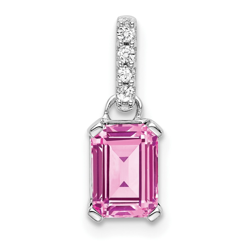 14k White Gold Emerald-cut October/Created Sapphire and Diamond Charm Pendant