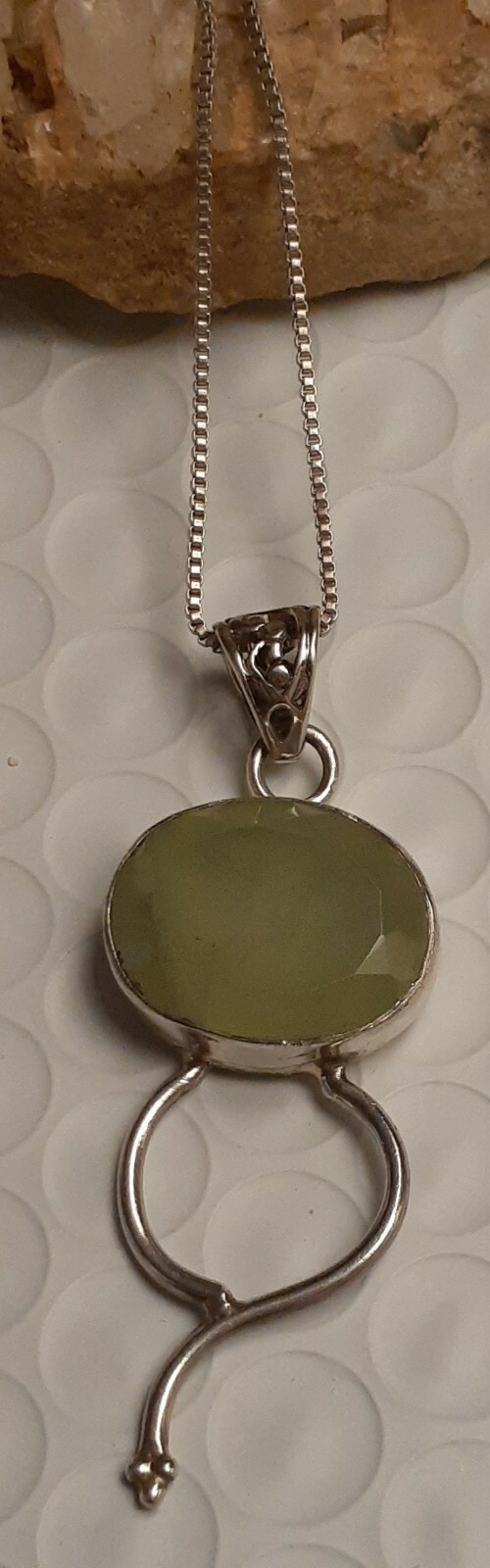 Fine Sterling Silver Prehnite Gemstone 2.25″ Pendant 18″ Box Chain Necklace
