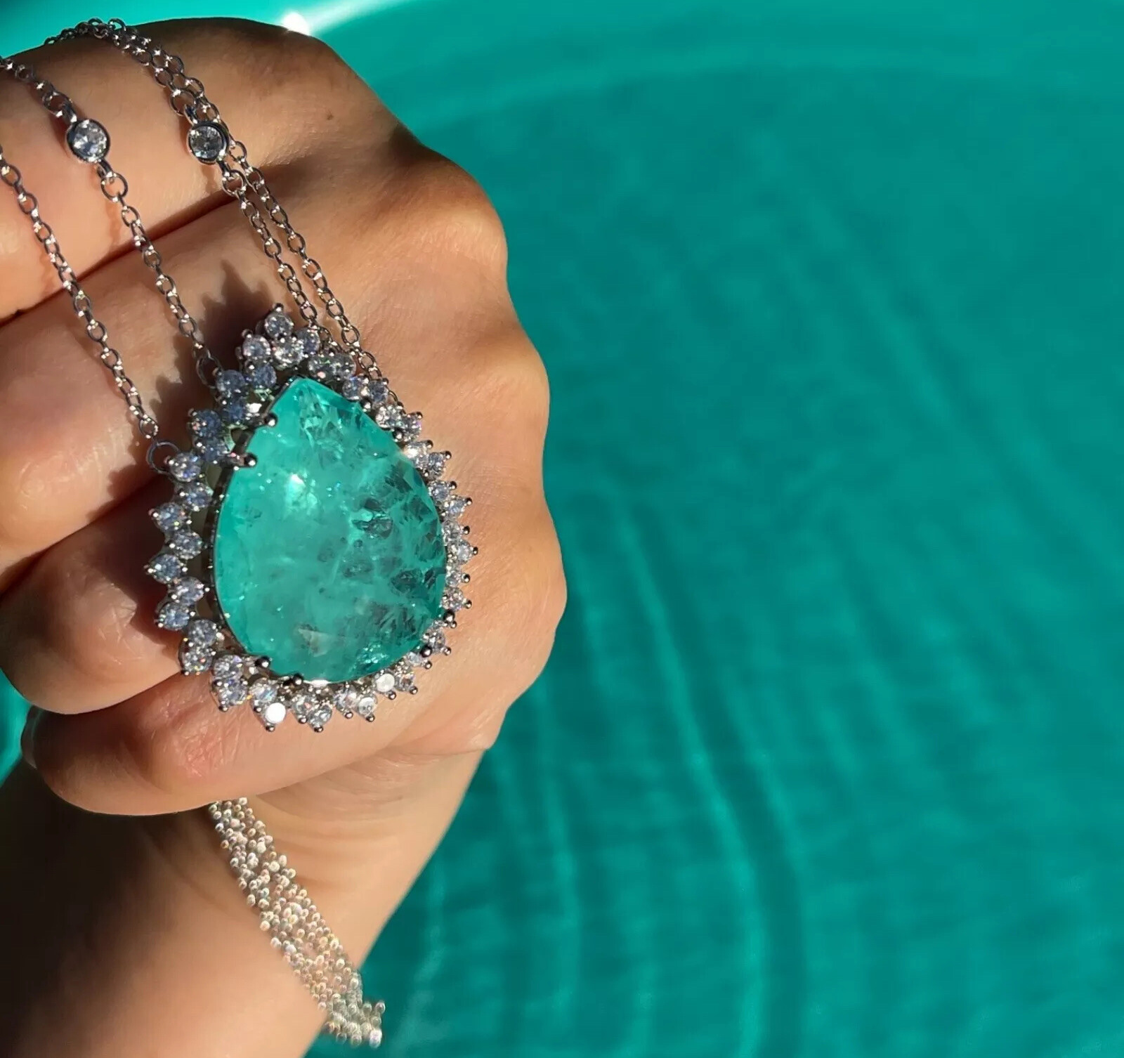 CARIBBEAN BLUE NATURAL GLOWING NEON PARAIBA TOURMALINE NECKLACE PENDANT 925 SS
