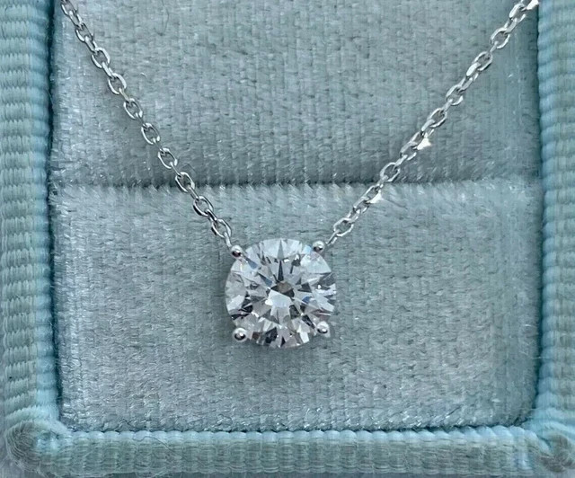 2Ct Round Cut Real Moissanite Solitaire Pendant 14K White Gold Finish Free Chain