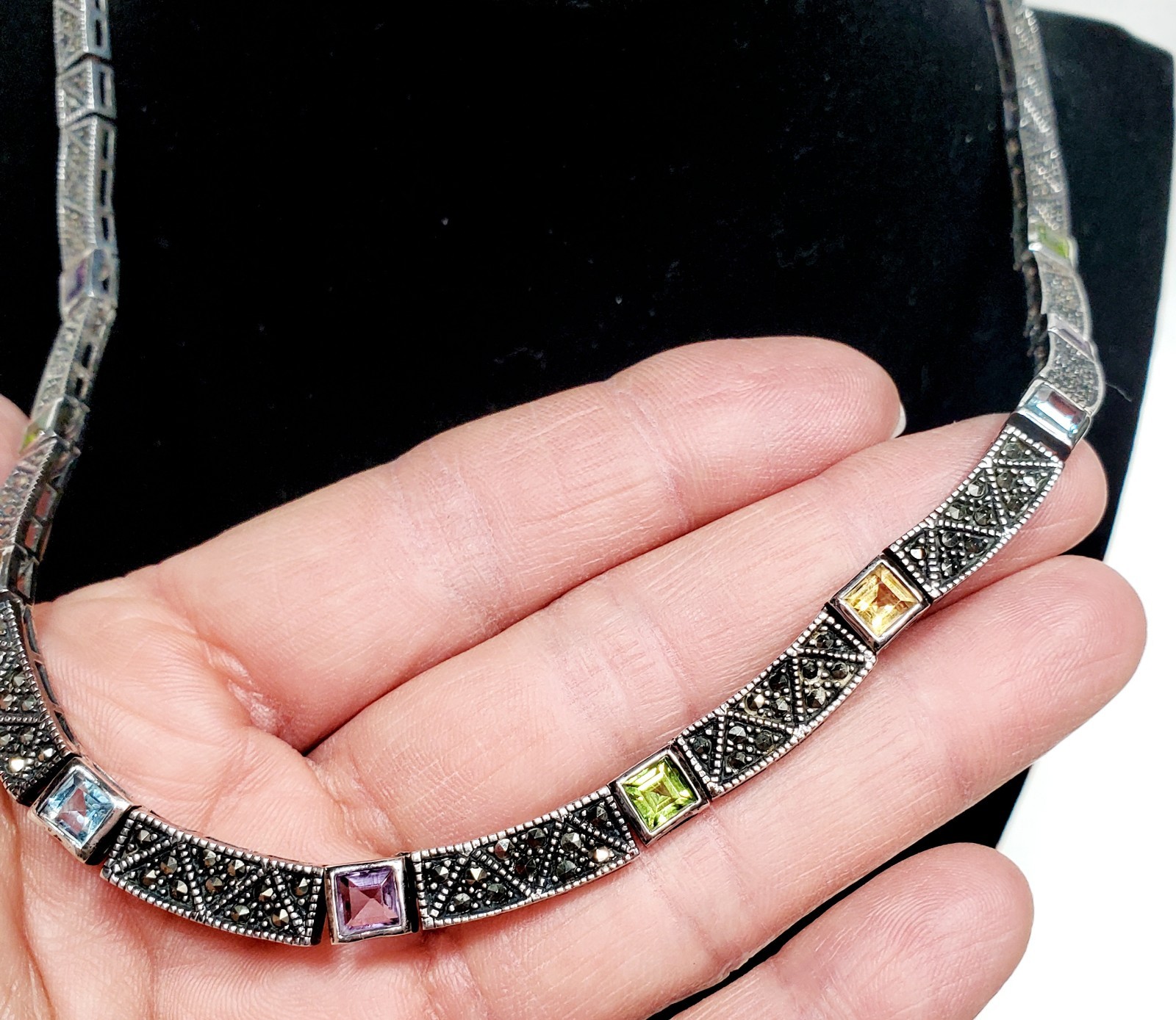 Art Deco Style Sterling Silver 925 Marcasite & Multi Gemstone Necklace Estate