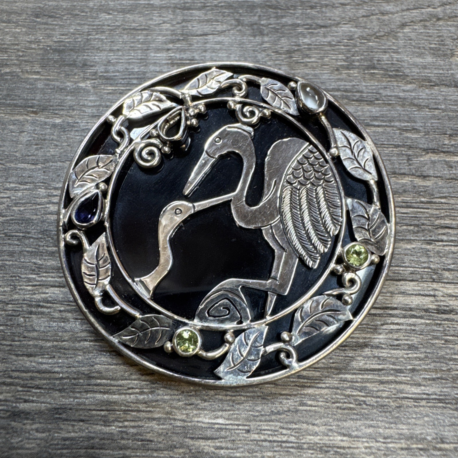 Vtg Colleen Lopez, Brooch Pendant Pin Sterling Silver 4 Gemstones Enamel Herons