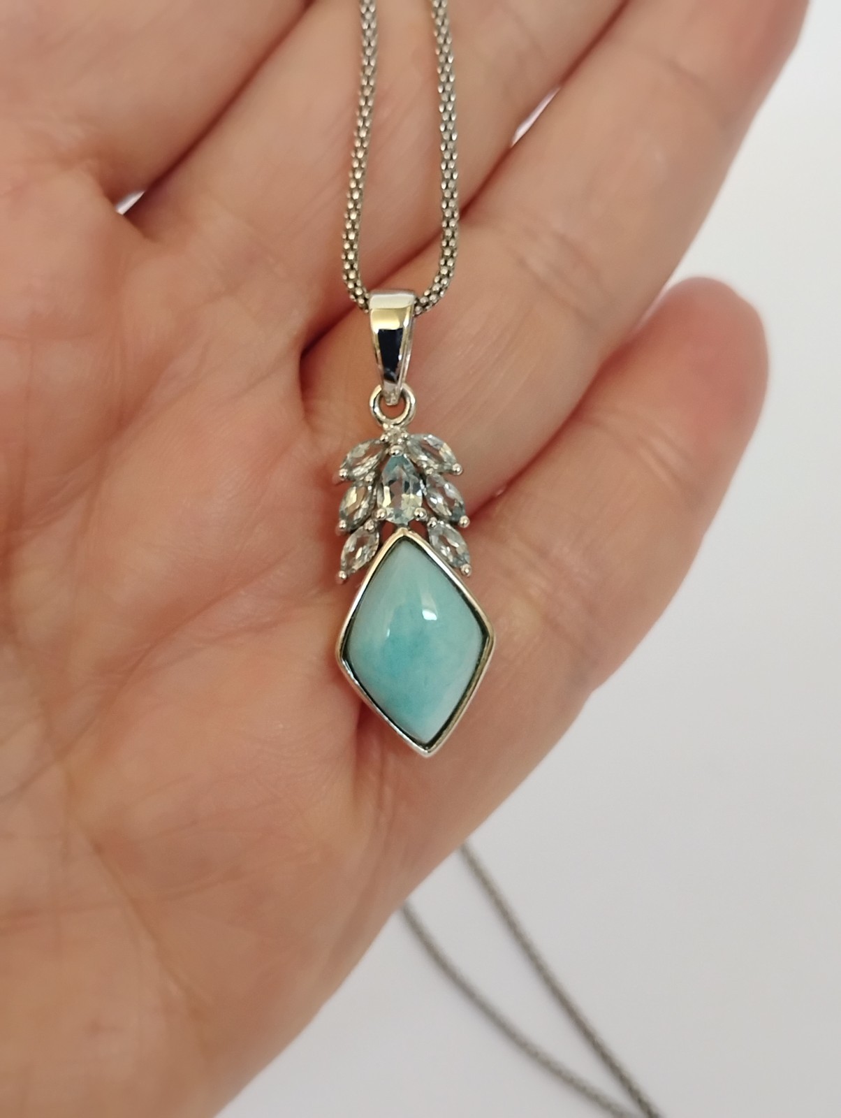 CFJ Thailand Larimar Blue Topaz Pendant Necklace Rhodium Plated Sterling Silver