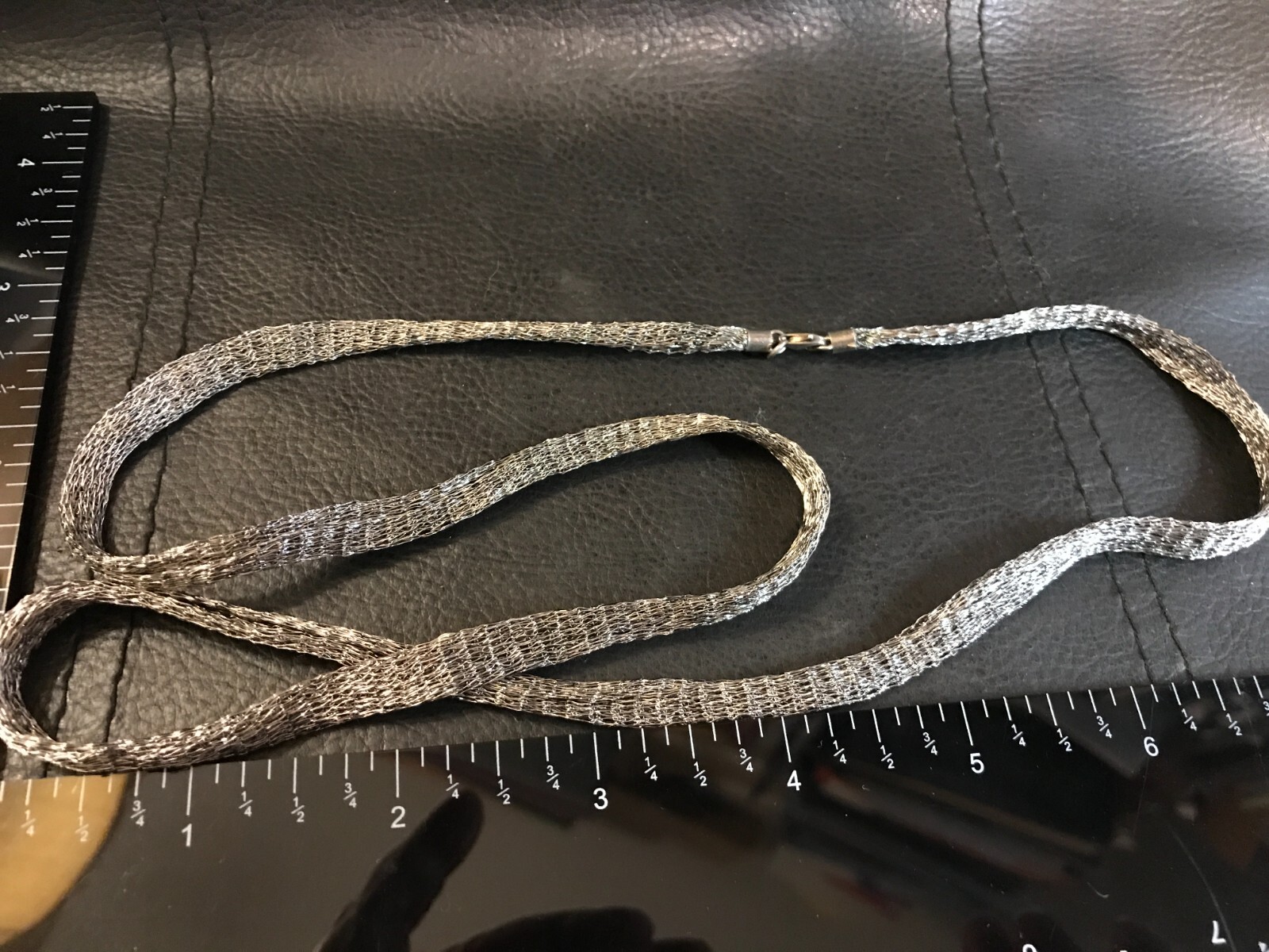 Fine 28″ Silver Woven Metal Flat Mesh Ribbon Chain Necklace Sterling Caps Clasp