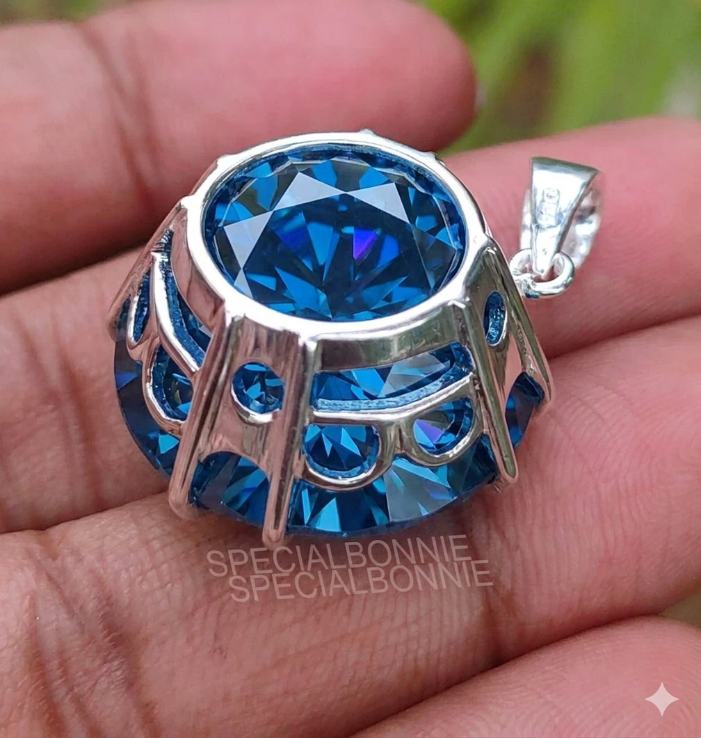HUGE 38 Ct Certified Azure Blue Diamond Pendant Necklace-FREE Diamond Studs