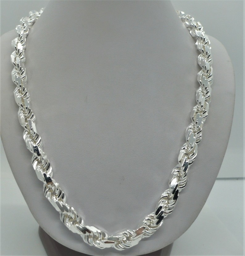 Solid 925 Sterling Silver Italian Rope Chain Mens Necklace Diamond Cut 9mm