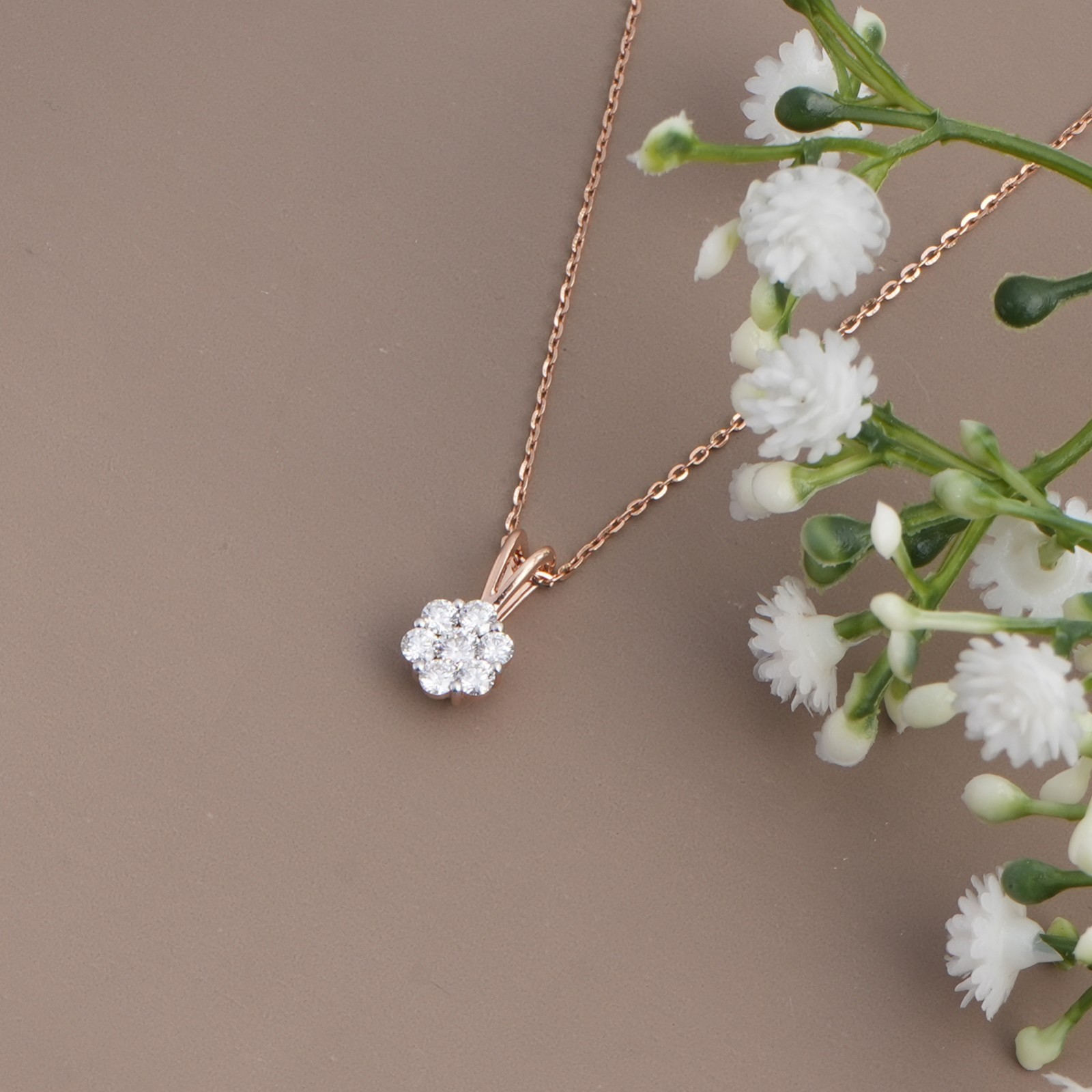925 Sterling Silver Rose Gold Diamond Cluster Pendant Round Cut Flower Shape