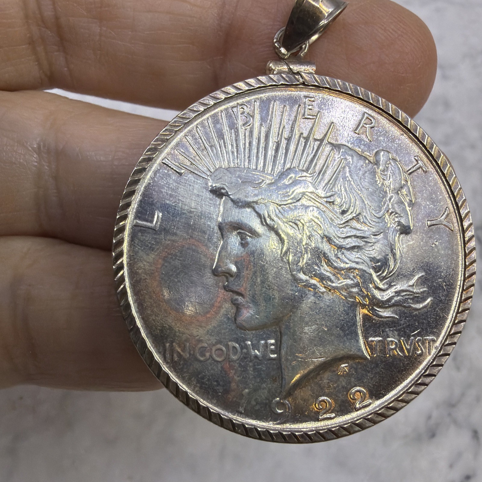 Peace Dollar Pendant 90% Silver AU Coin Sterling Silver Rope Bezel Soldered Bail