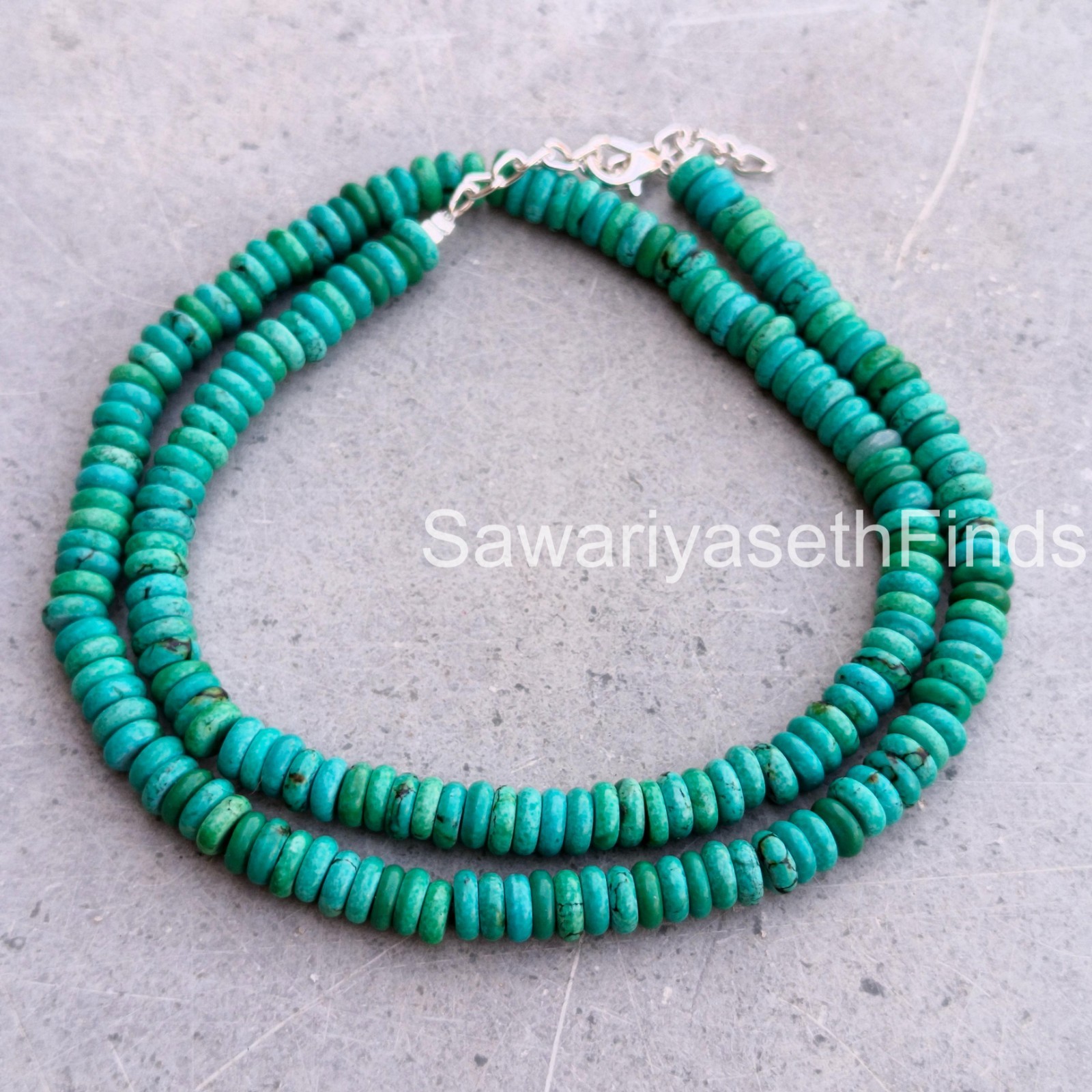 Handmade Arizona Turquoise Rondelle Necklace, 6mm Smooth Gemstone, Sterling Silv