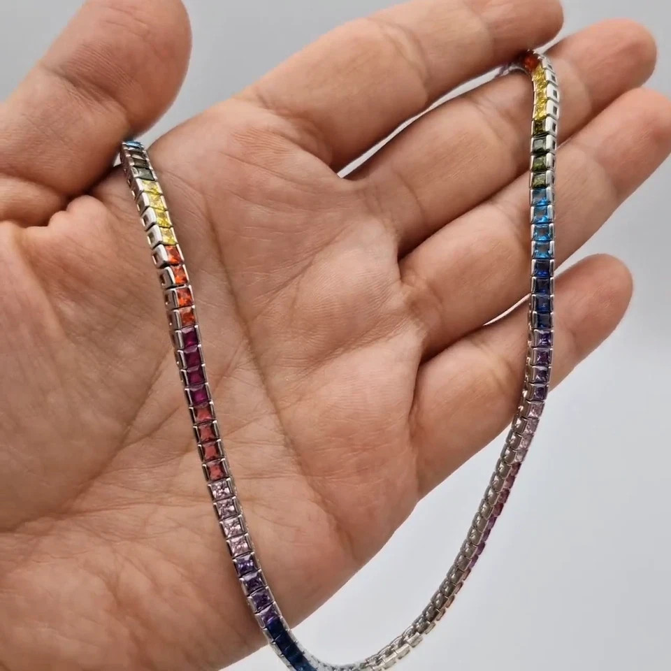 20TCW Princess Lab Created Rainbow Sapphire Tennis Necklace 925 Sterling Silver