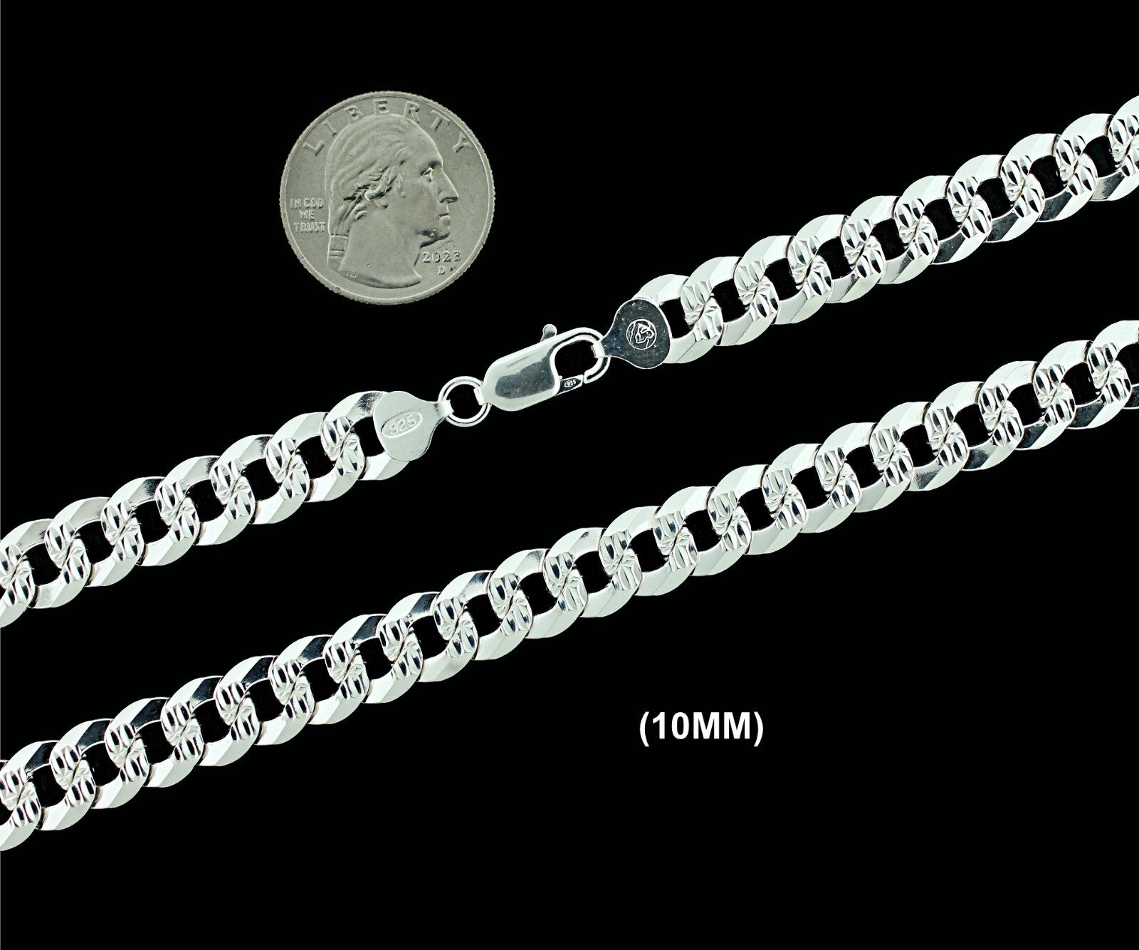 10MM 925 SOLID Sterling Silver DIAMOND CUT Cuban Curb Chain Necklace or Bracelet