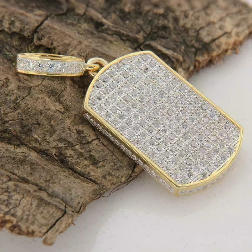 3Ct Round Cut D/VVS1 Diamond Dog Tag Pendant Charm 14k Yellow Gold Over