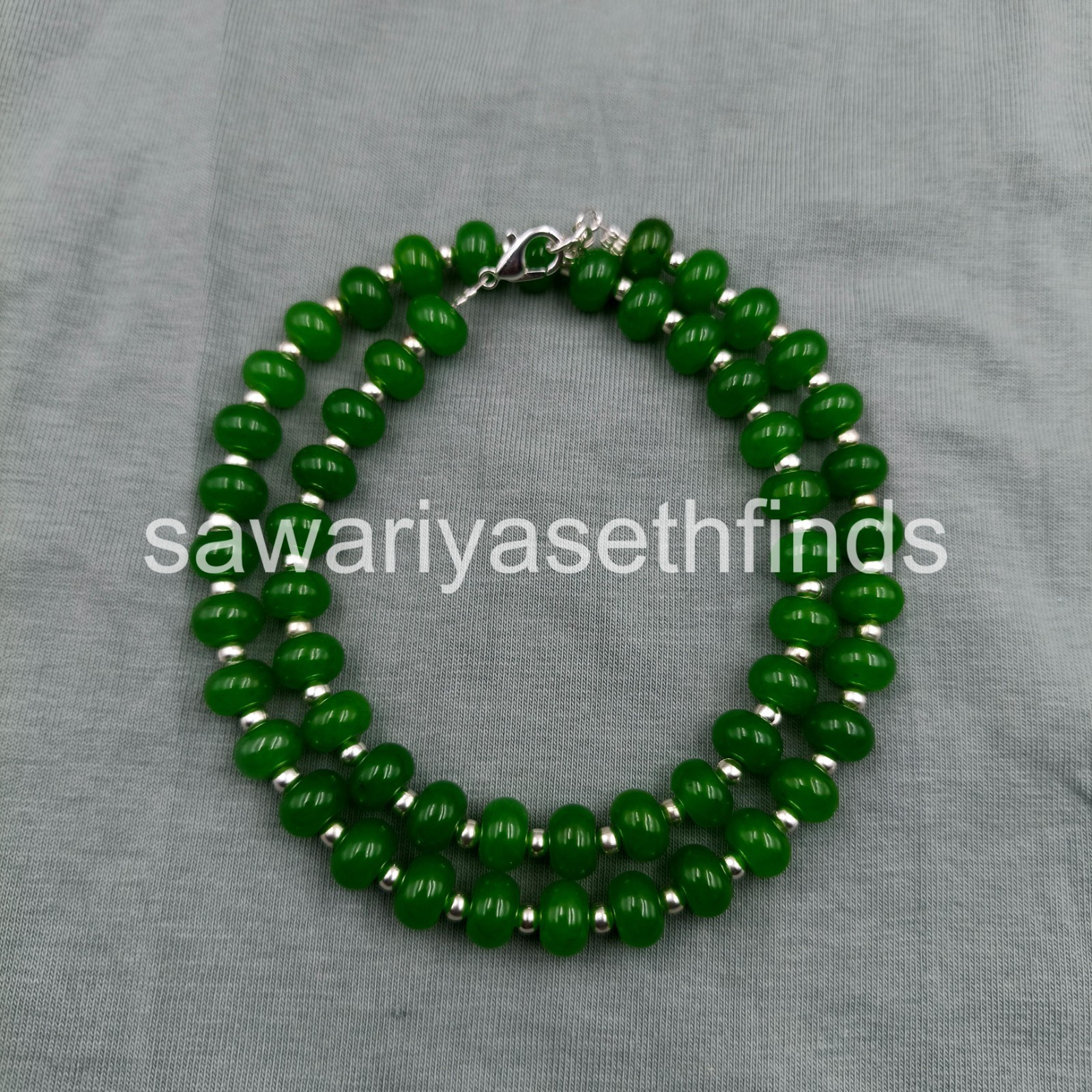 Nephrite Green Jade Necklace 8mm Round Smooth Beads, Sterling Silver Clasp, Natu