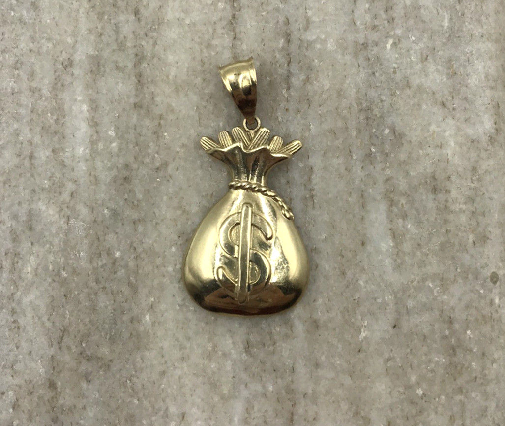 Solid 10K Yellow Gold Money Bag Dollar Sign Pendant Charm Textured Polished 7.8g