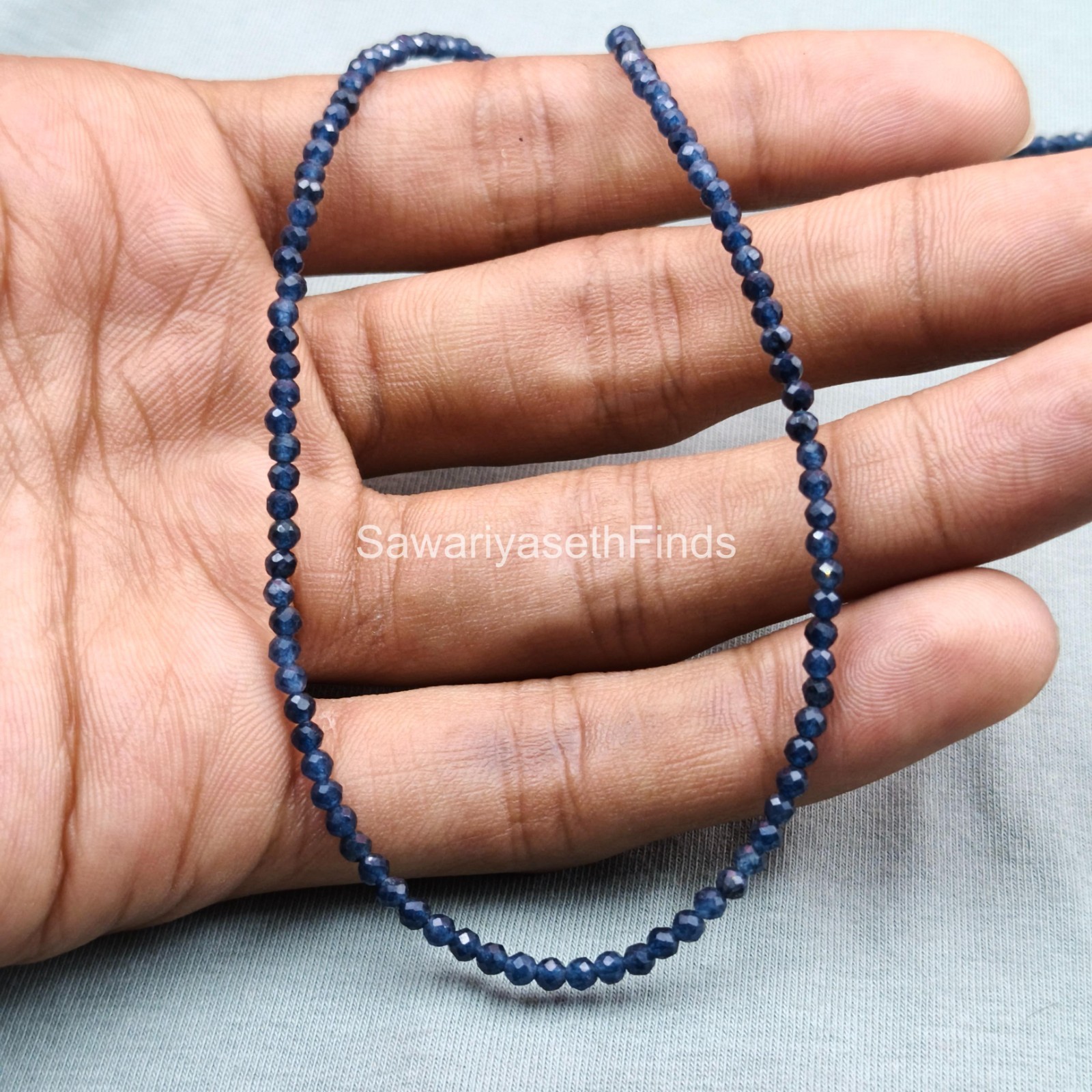 Handmade Blue Sapphire Micro Faceted Bead Necklace, Minimalist Gemstone Jewelry