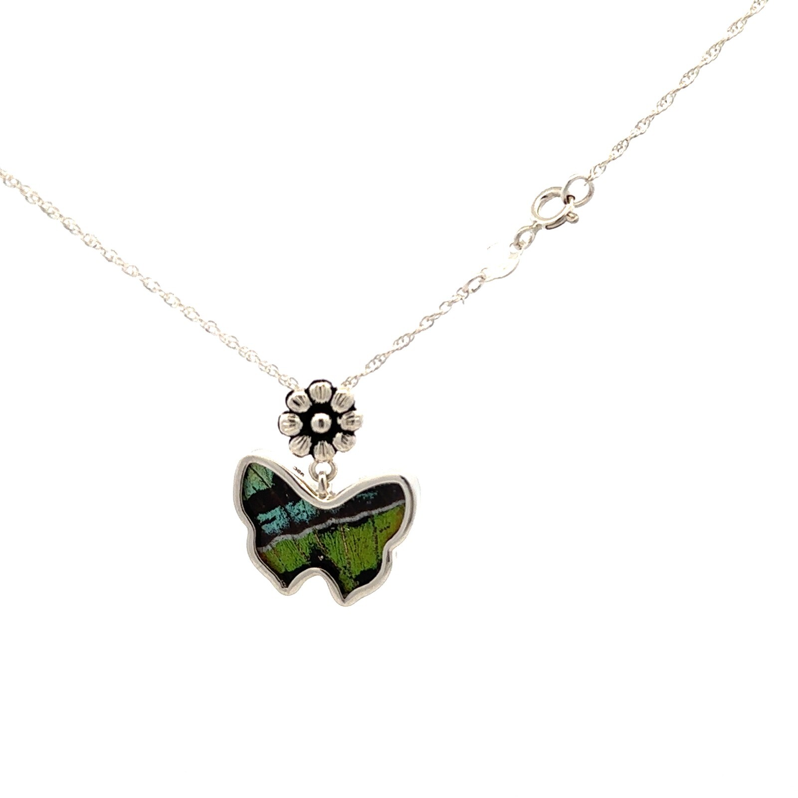 .950 Silver Natural Butterfly Wing Necklace-Butterfly 21 x26 mm (.925 / 18 inch)