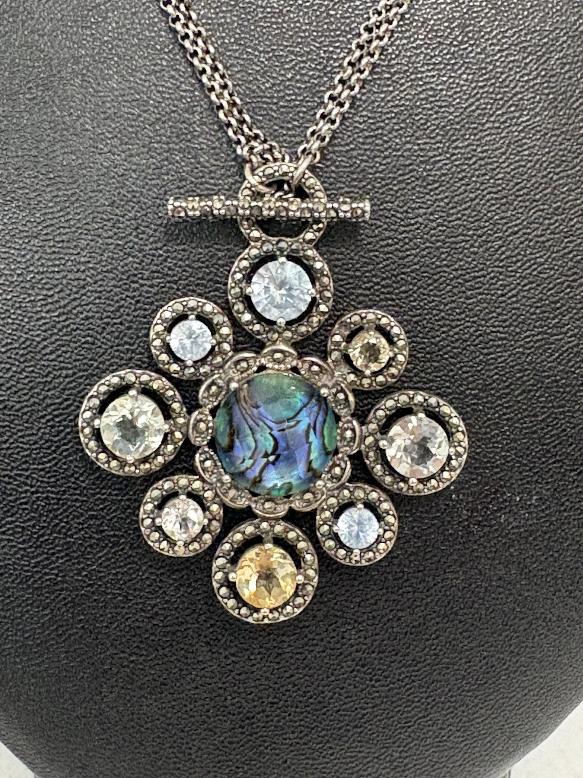 925 Sterling Silver Abalone Multi Stone Toggle Necklace Convertible Up to 20”