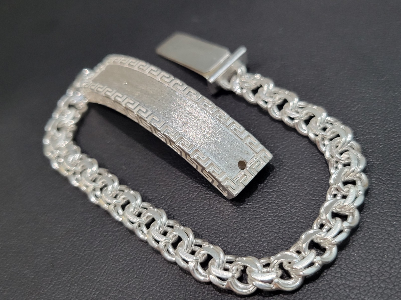 925 sterling silver Chino Link Greek Key Long Lock Bracelet 21g 7″ 6mm