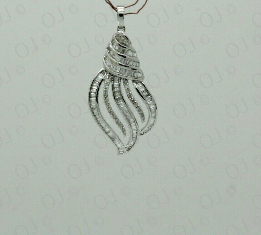 Women’s 0.78 CT Baguettes & Round Diamond Drop Pendant in Solid 14K White Gold
