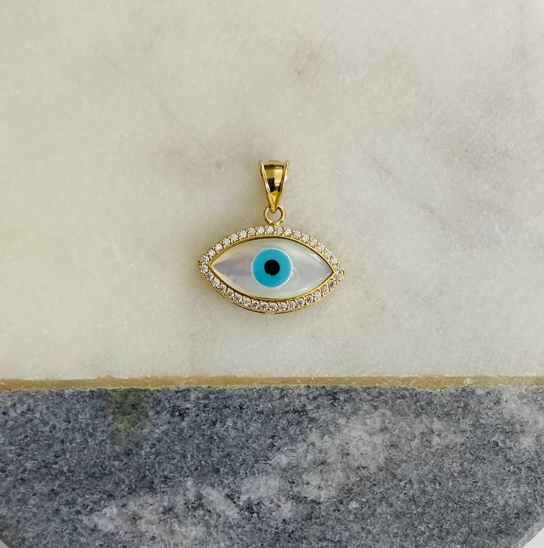 14k Solid Gold Mother of Pearl Evil Eye 20mm Pendant – PT2231