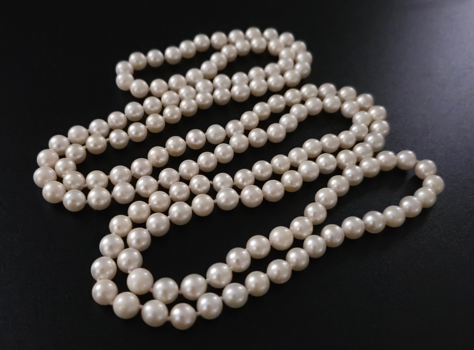 46″ Akoya Pearl Necklace Rope 6.5–7mm w/ .835 Silver Sapphire Enhancer .80ctw