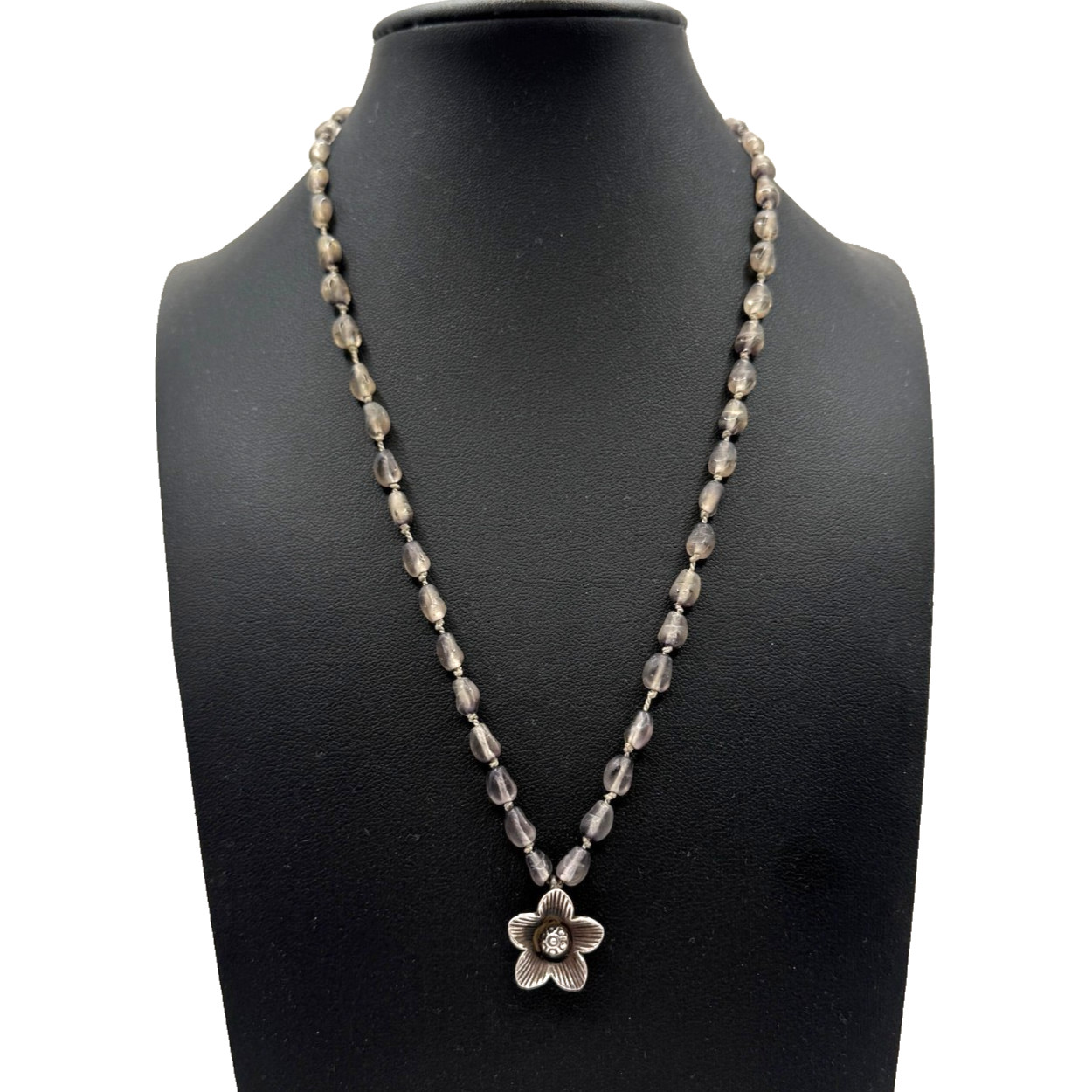 Vintage Grey Smokey Beaded Necklace 925 Sterling Silver Flower Pendant Boho Goth