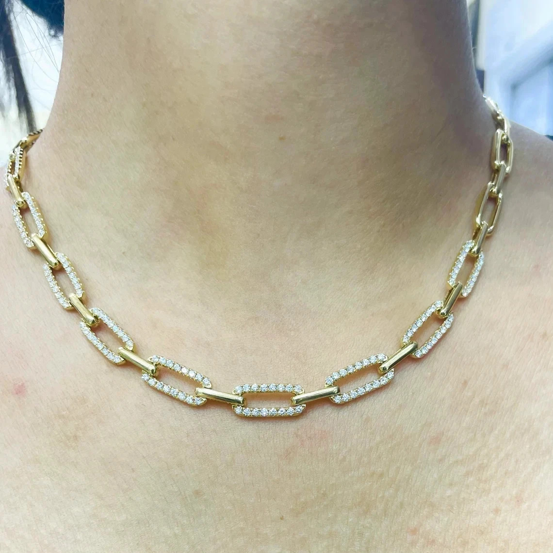 Round Natural Diamond GH/SI Paper Clip Necklace For Girlfriend 14k Yellow Gold