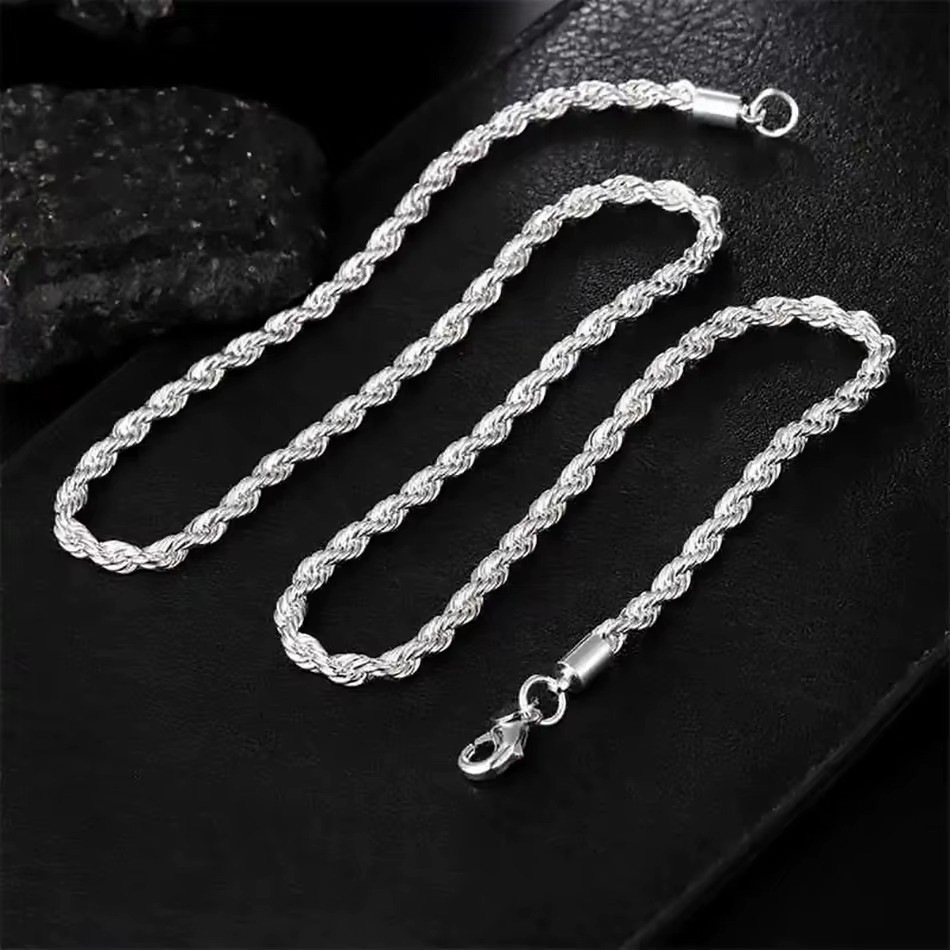 925 Sterling Silver 4MM Rope Chain Necklaces For Women Men Fashion