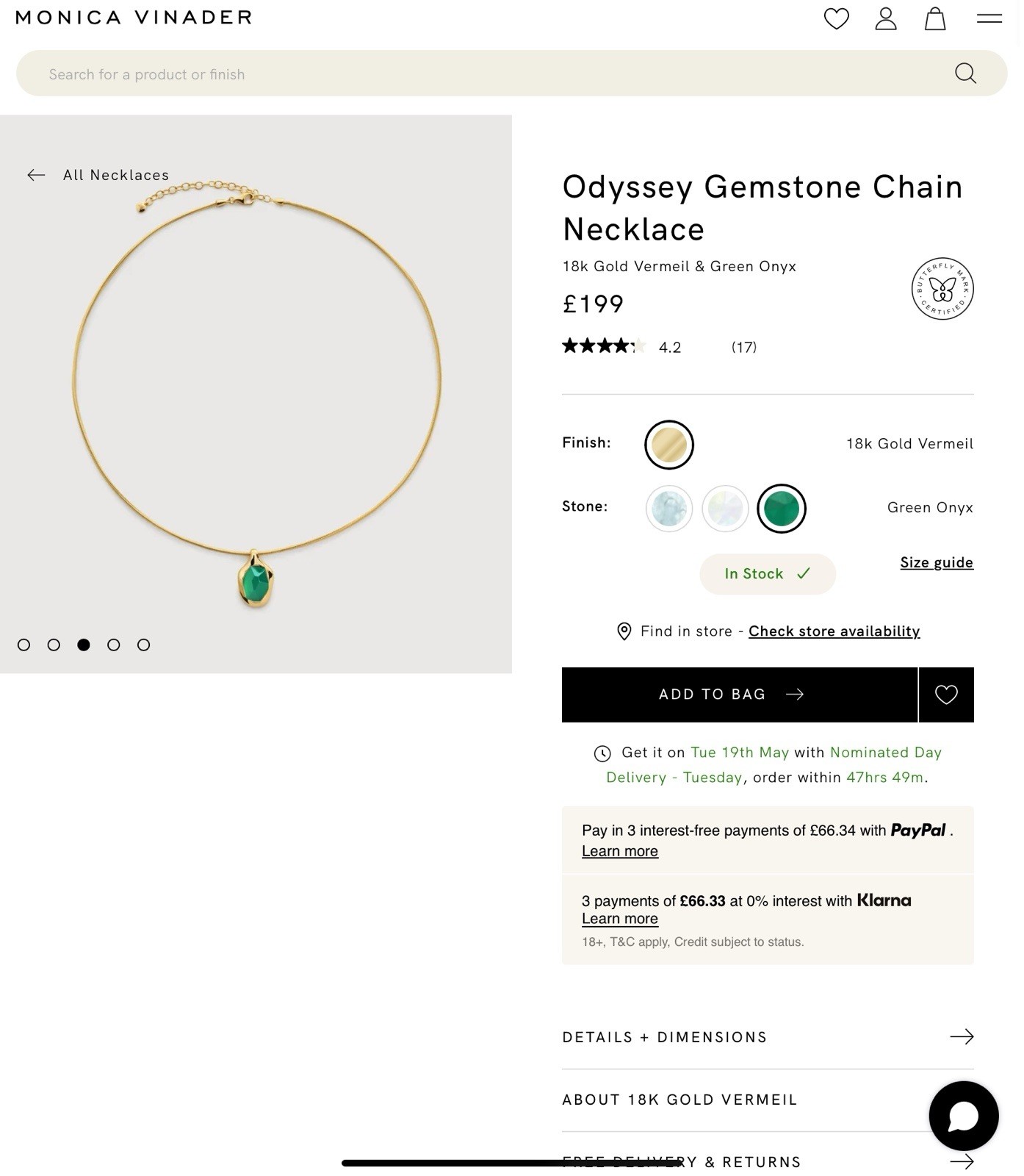 Monica Vinader Odyssey Gemstone Chain Necklace 18k Gold Vermeil & Green Onyx