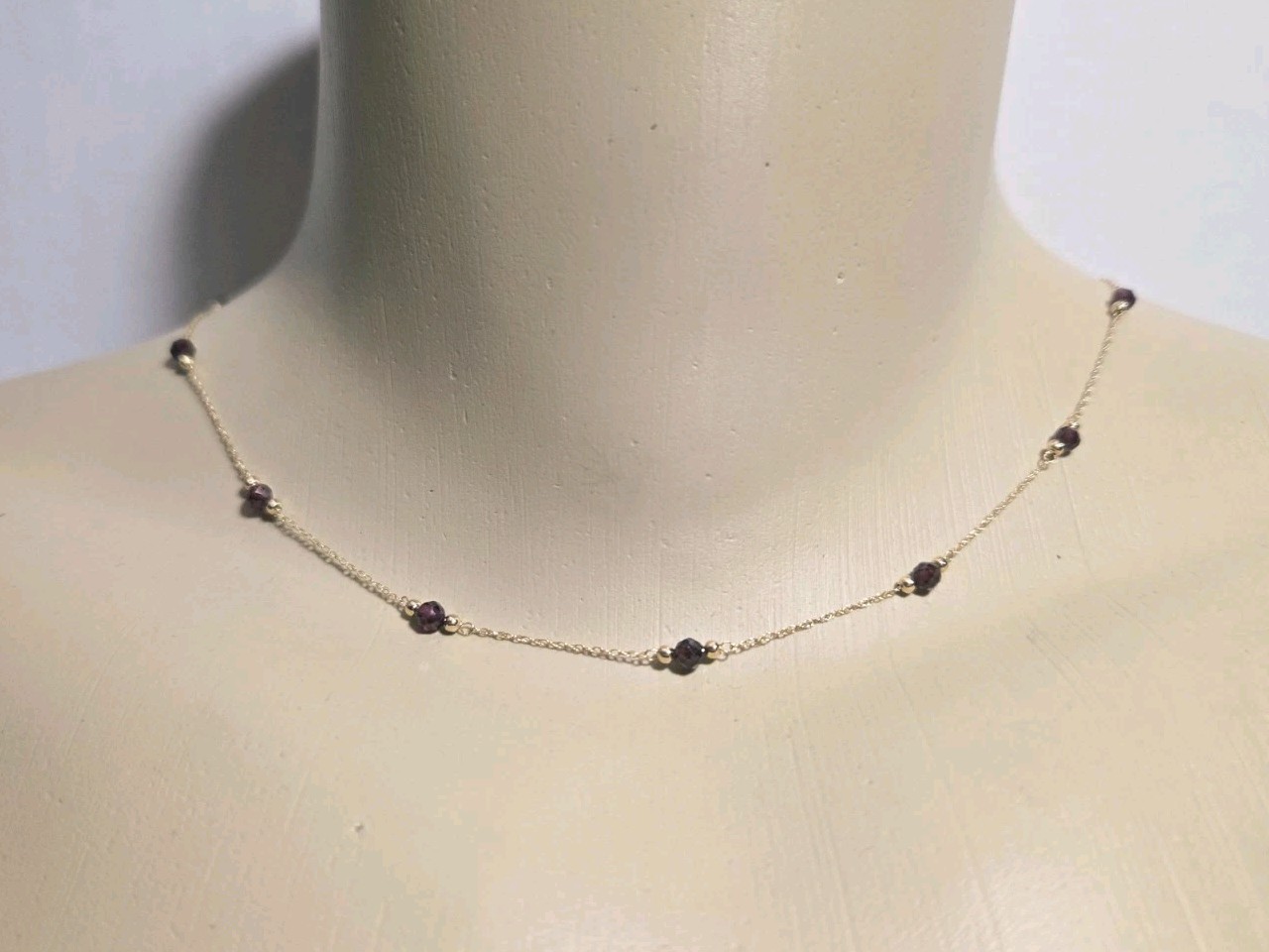 14k Yellow Gold Station Necklace 16″ Minimalist Garnet 11 Stones 3mm