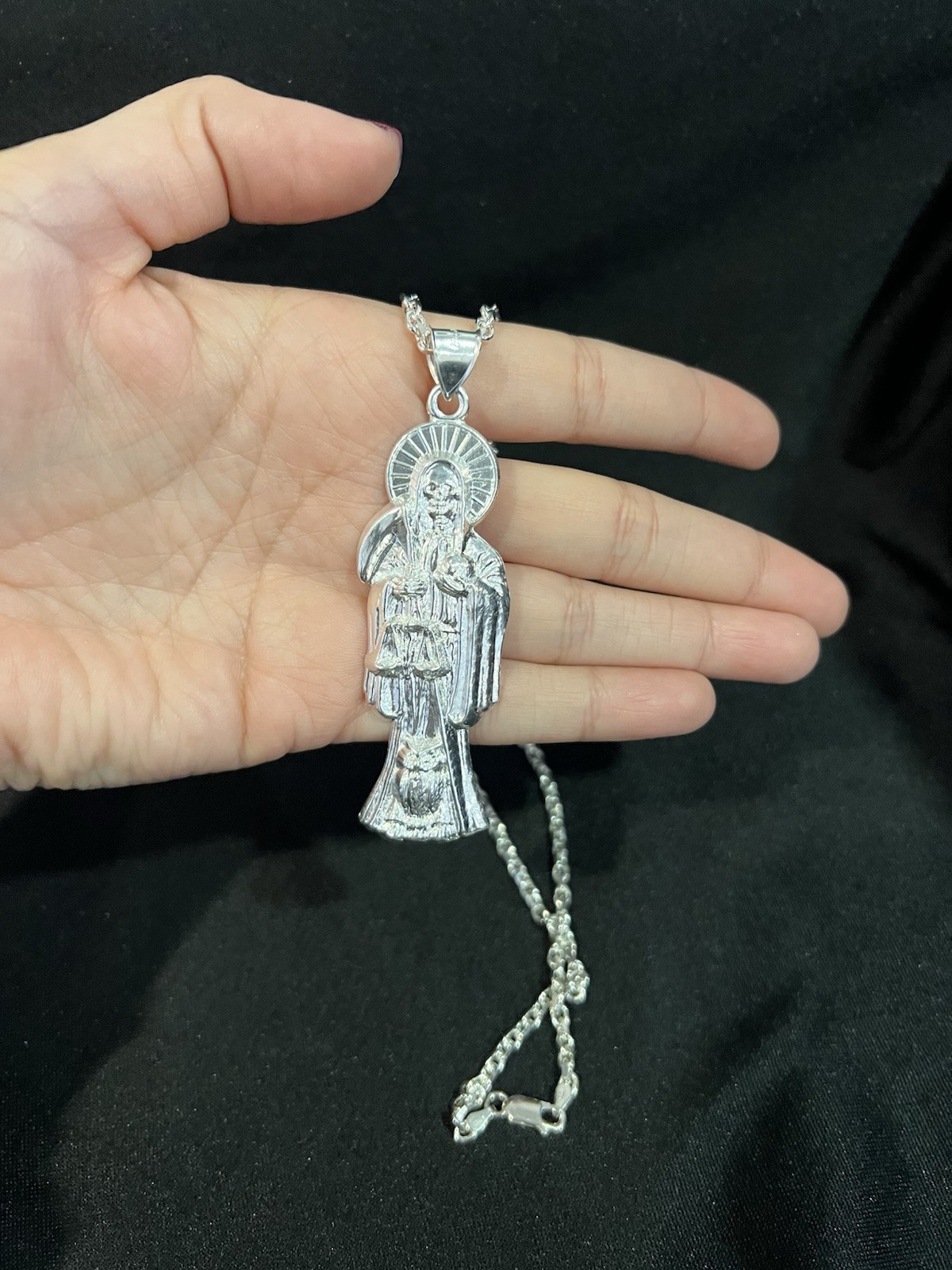 925 Sterling Silver Men Lady Santa Muerte Big Grim Reaper & Forz Chain 22 26 30