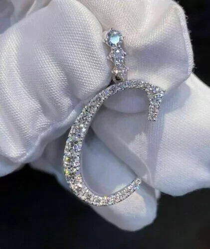 2Ct Round Cut Real Moissanite Initial Customize Pendant 14K White Gold Plated