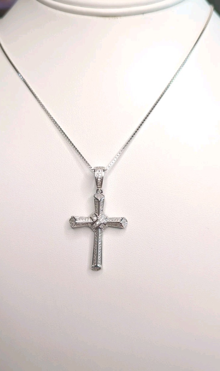 1.50 CTW Moissanite, 925 Silver Cross With 16 Inch Box Chain