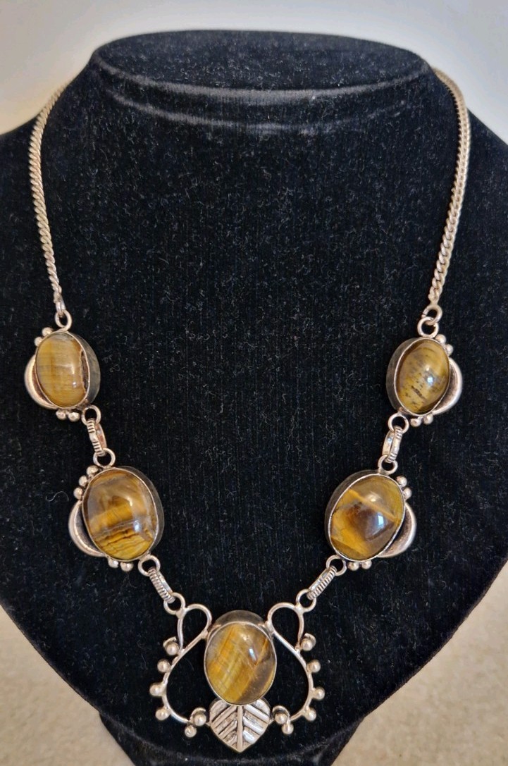 925 SILVER STATEMENT NECKLACE WITH TIGER EYE STONES 42.4g 52cm