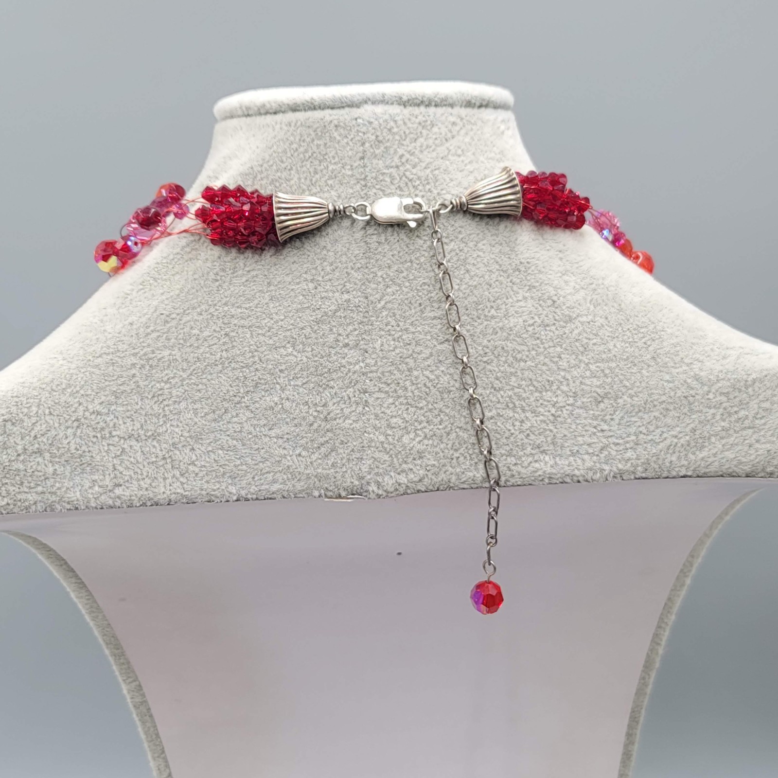 Sterling Silver Necklace 925 Red Glass Bead Layered Wire Multistrand 18″ adj